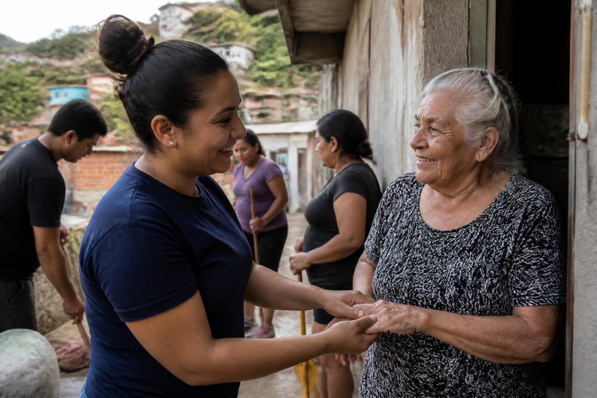 Una vecina sostiene las manos de una señora mayor mientras otros vecinos colaboran en la calle